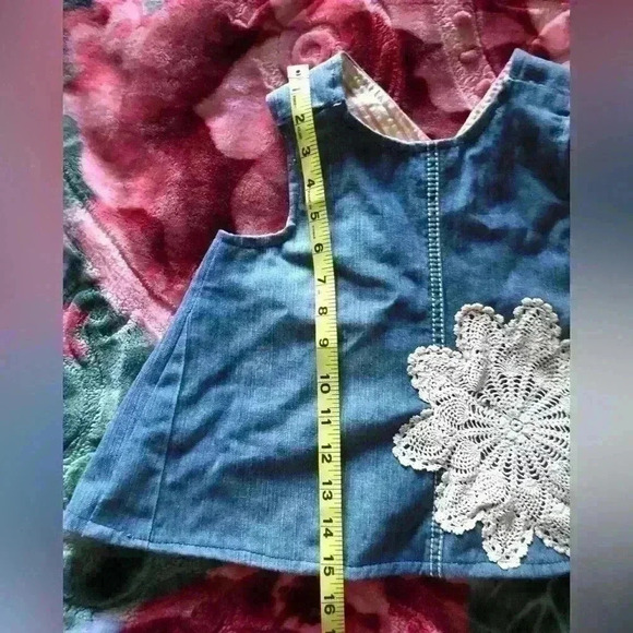 handmade pinafore denim doilie infant dress top 12 months? - Picture 4 of 5